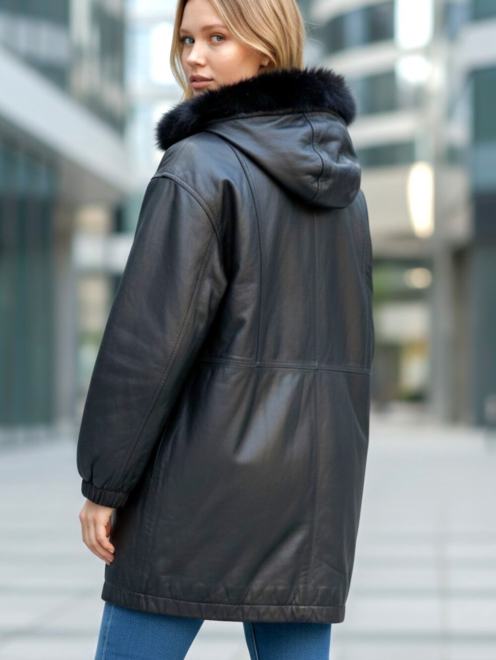 Vtg 80s-90s Nordstrom Black Lamb Leather Car Coat Fox Fur Hood Trim XS Oversize
